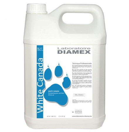 Diamex Shampooing White Canada 5l. Shampooing pour chat à poil blanc. Atténue le jaunissement.